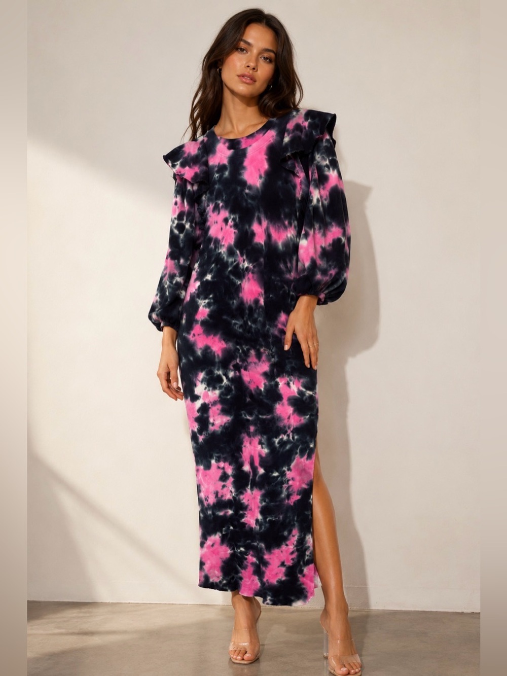 Something Navy Pink & Black Tie-Dye Maxi Dress with Ruffle Shoulders